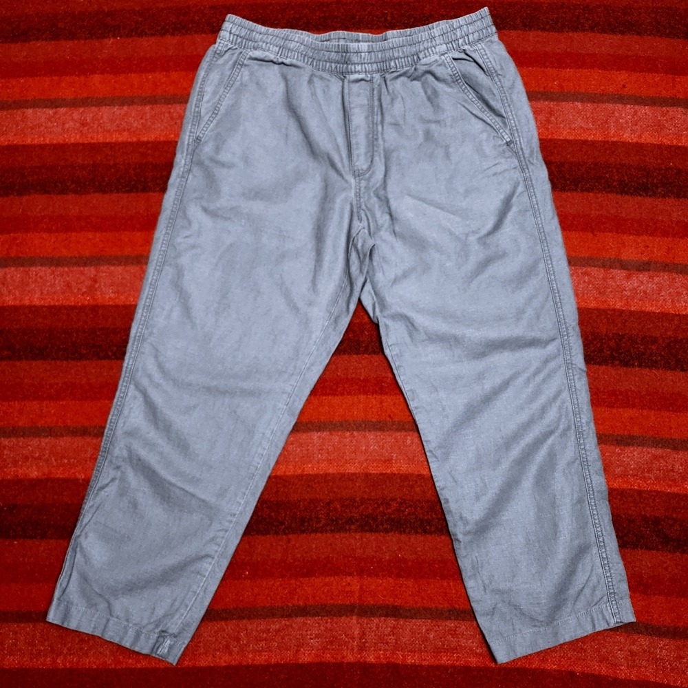 Union Linen Cotten Pants Blue Grey 31x28 Beach Slub Summer Elastic Waist